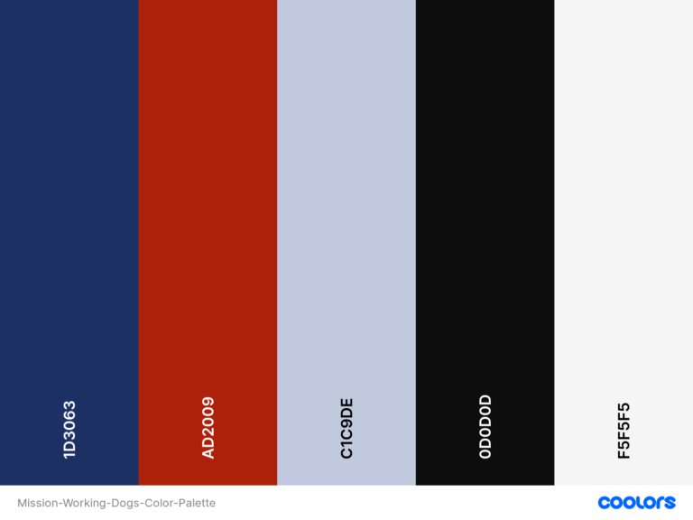 Mission Working Dogs Color Palette - Dark blue, red, pale blue, black and white