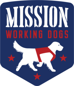 Mission Working Dogs Logo - White Dog wearing red vest on blue background with red stars