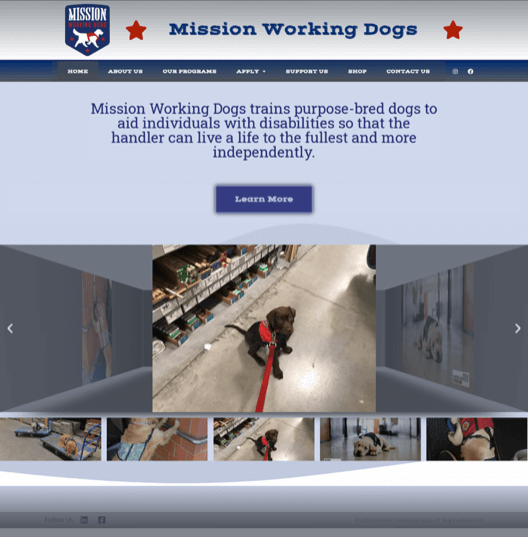 Screenshot of Mission Working Dogs website Home page before updates