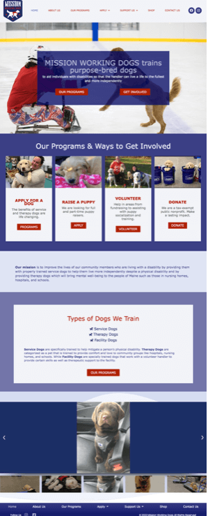 Screenshot of Mission Working Dogs website Home page after updates
