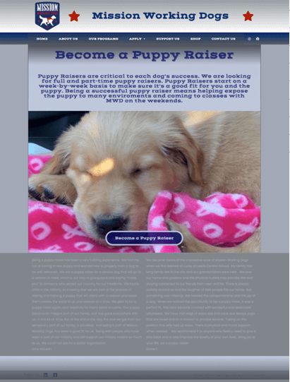 Screenshot of Mission Working Dogs website Puppy Raiser page before updates