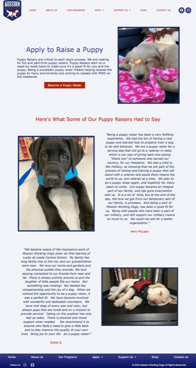 Screenshot of Mission Working Dogs website Puppy Raiser page after updates