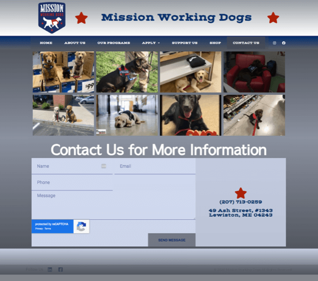 Screenshot of Mission Working Dogs website Contact page before updates