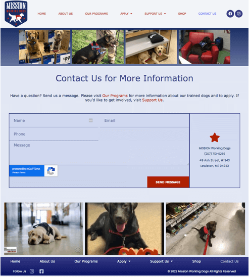 Screenshot of Mission Working Dogs website Contact page after updates