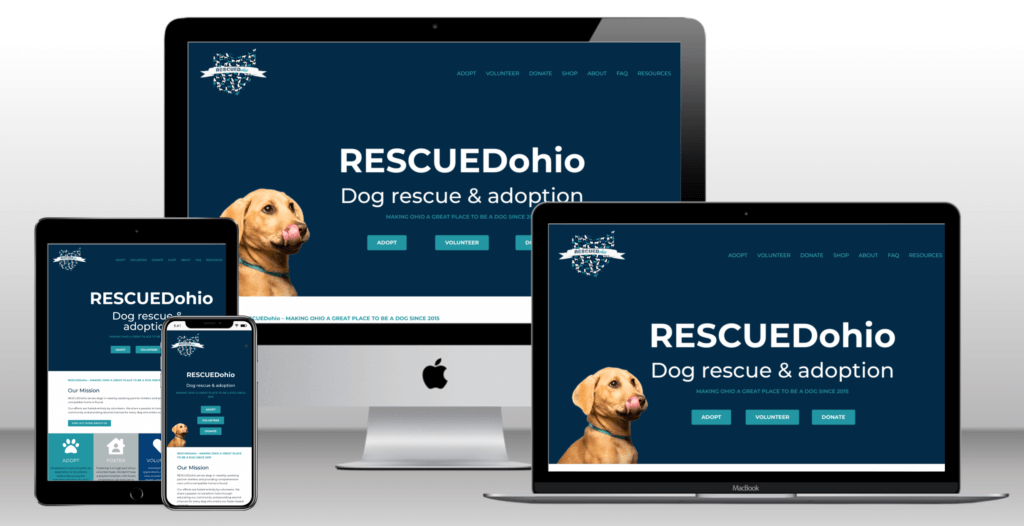 Multi-device mockup of the refreshed RESCUED Ohio Dog Rescue and Adoptions Website Project
