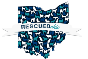 RESCUED Ohio logo - blue, teal, and white dogs covering state of Ohio with white banner containing the name of the organization